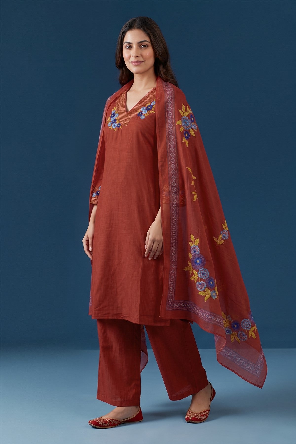 Poly Blend Embroidered Rust Kurti Set With Dupatta
