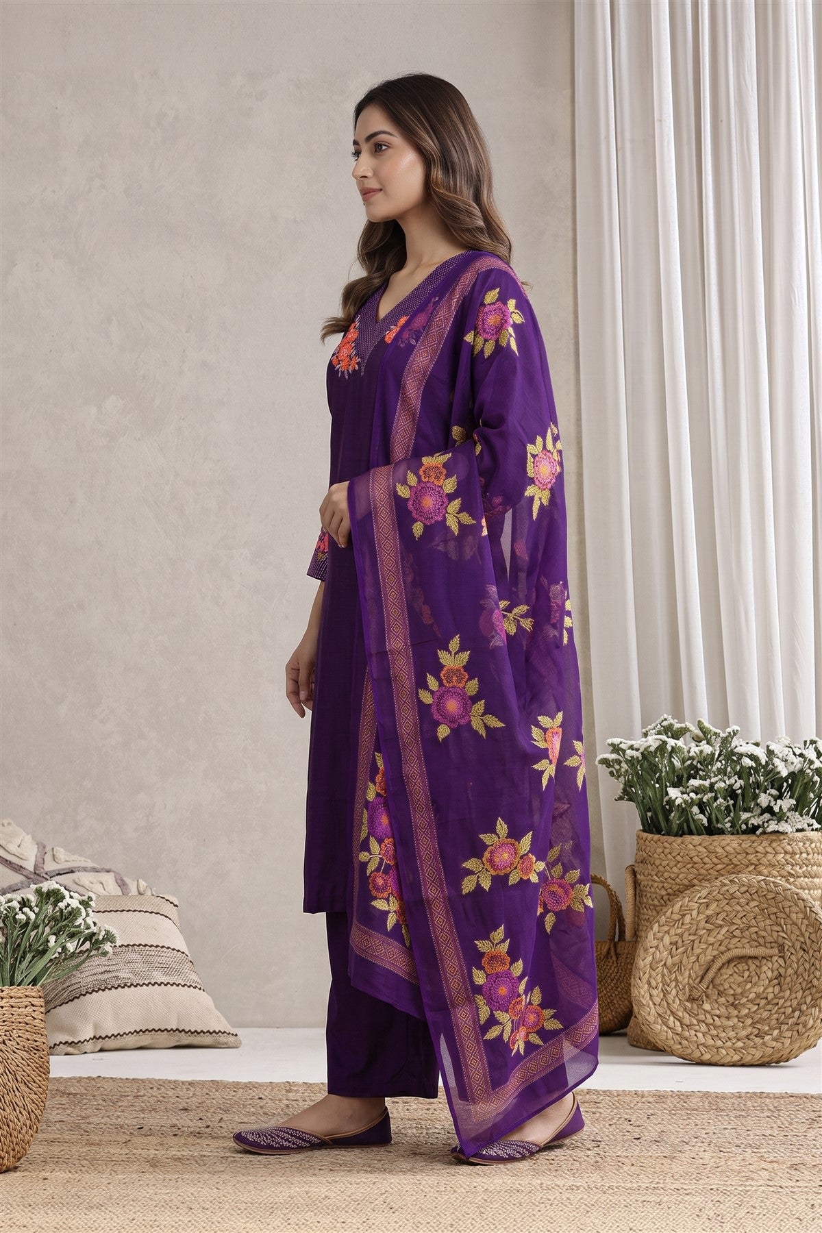 Poly Blend Embroidered Purple Kurti Set With Dupatta