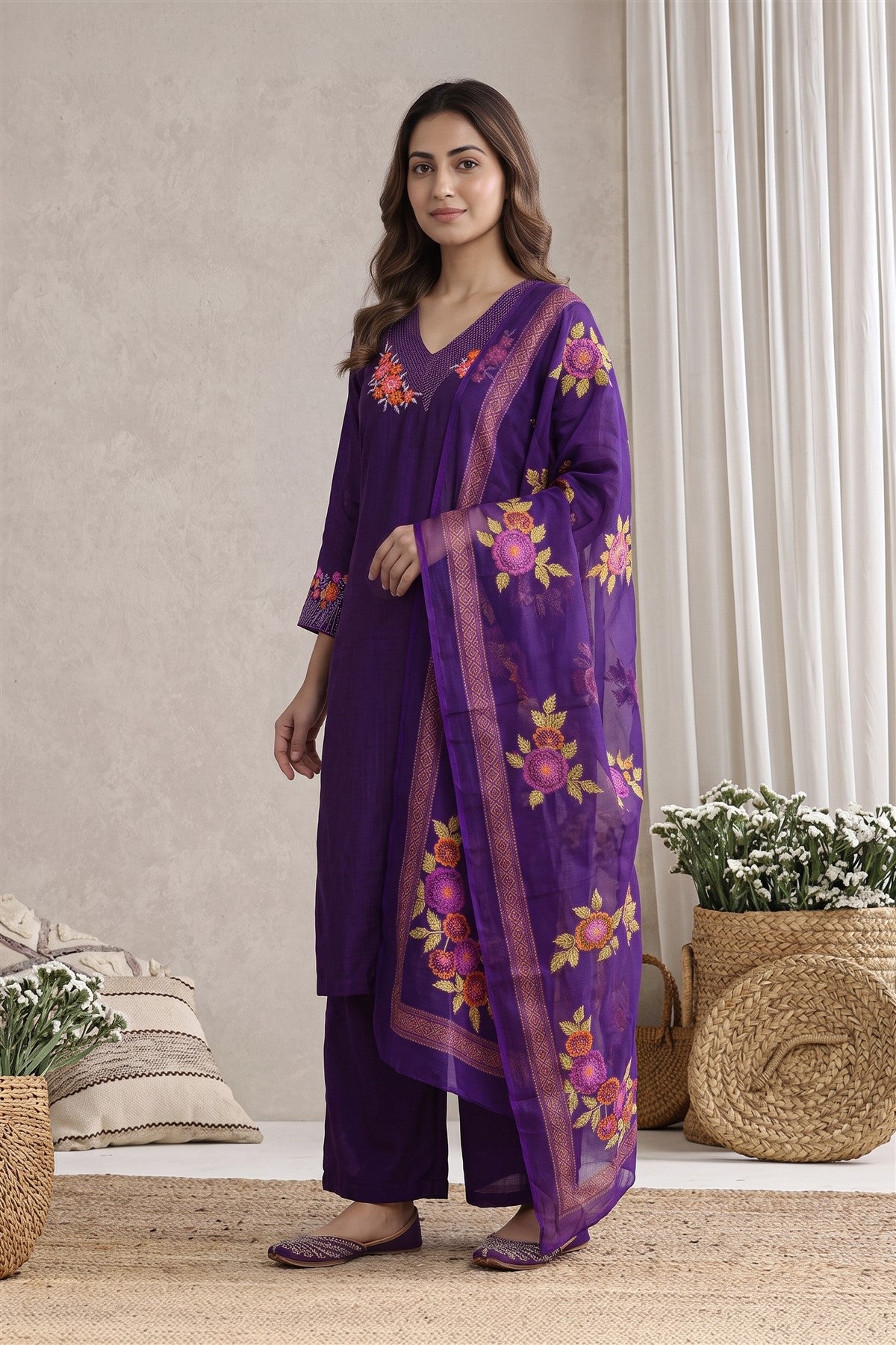 Poly Blend Embroidered Purple Kurti Set With Dupatta