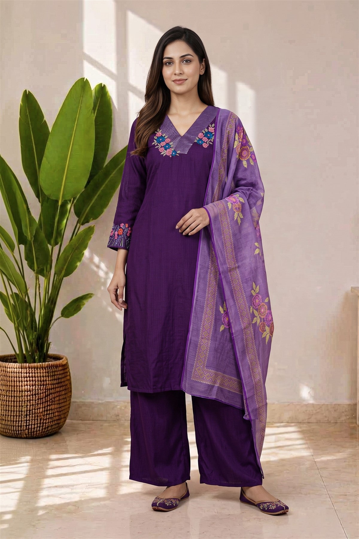 Poly Blend Embroidered Dark Violet Kurti Set With Dupatta