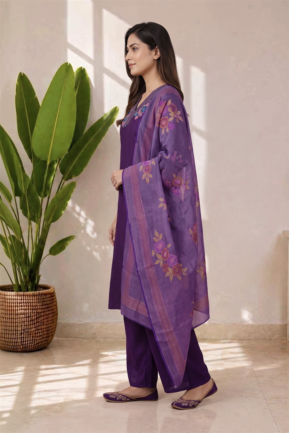 Poly Blend Embroidered Dark Violet Kurti Set With Dupatta