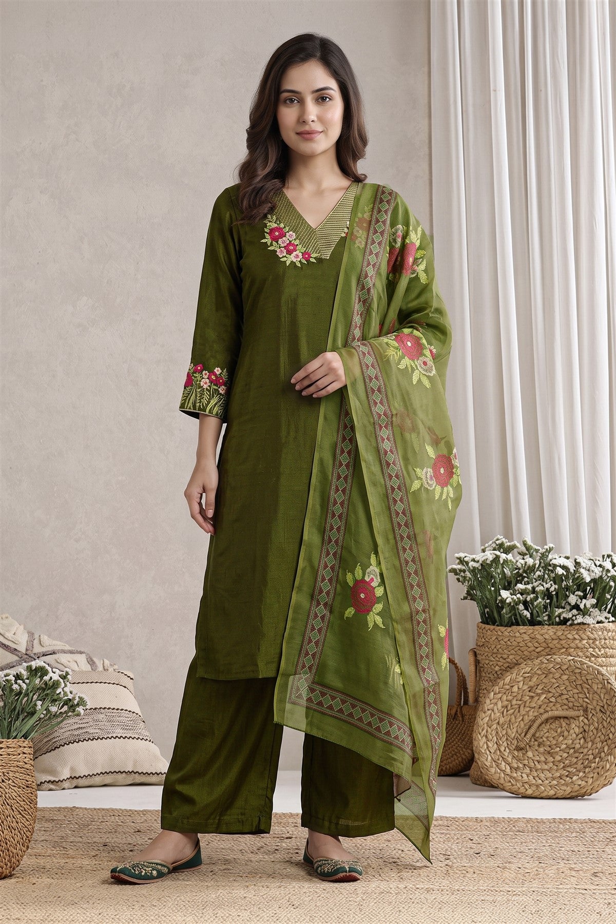 Poly Blend Embroidered Mehendi Green Kurti Set With Dupatta