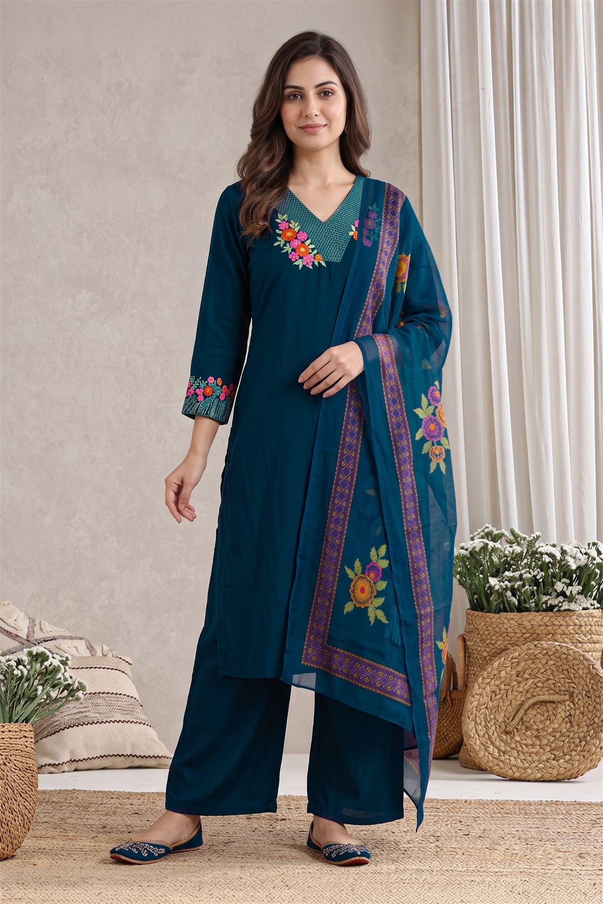 Poly Blend Embroidered Navy Blue Kurti Set With Dupatta
