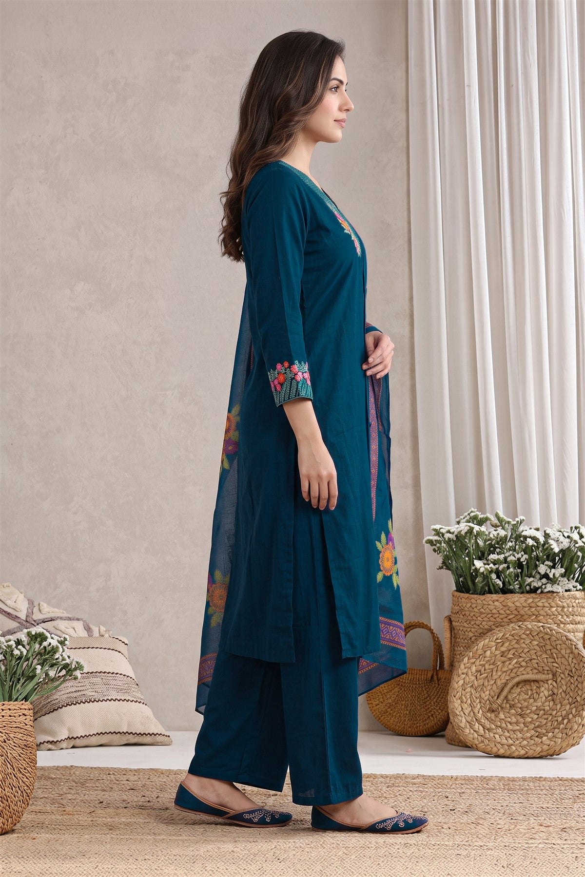 Poly Blend Embroidered Navy Blue Kurti Set With Dupatta