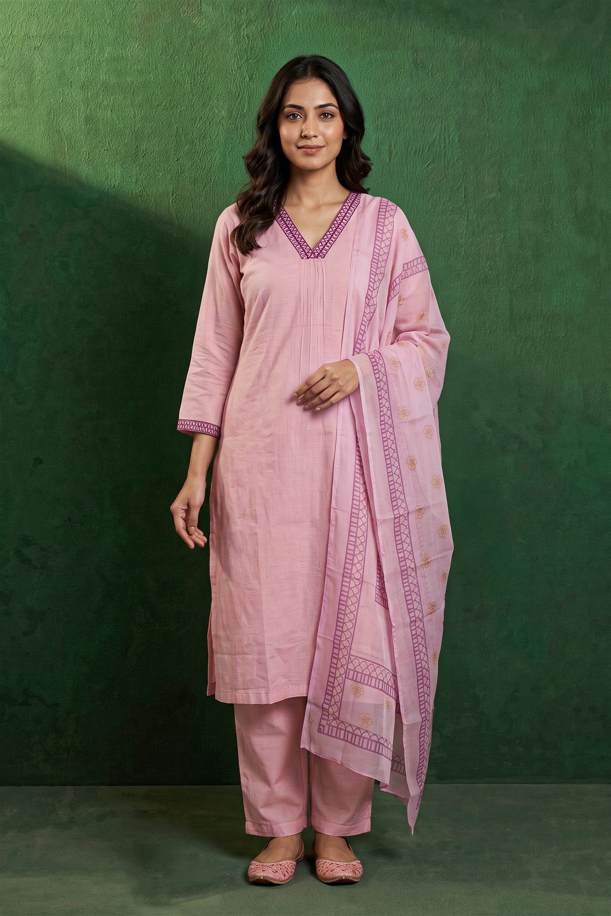 Poly Blend Embroidered Light Peach Kurti Set With Dupatta