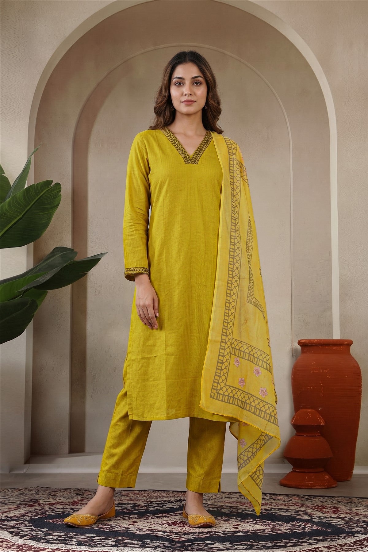 Poly Blend Solid Light Mustard Kurti Set With Dupatta