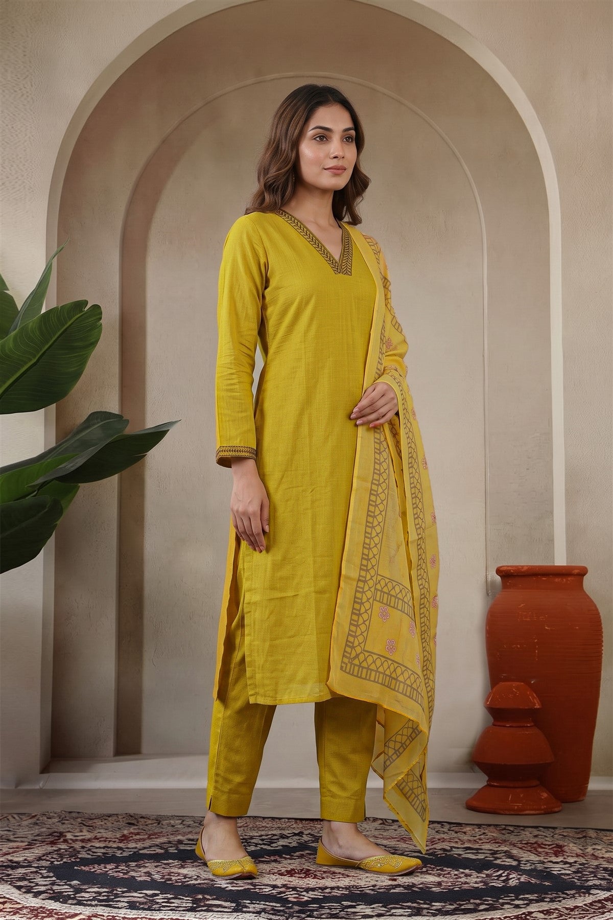 Poly Blend Solid Light Mustard Kurti Set With Dupatta
