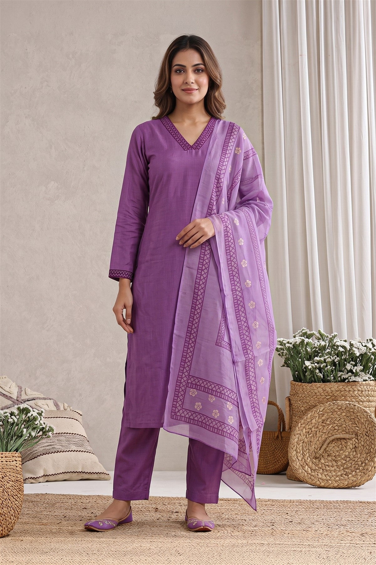 Poly Blend Embroidered Lavender Kurti Set With Dupatta