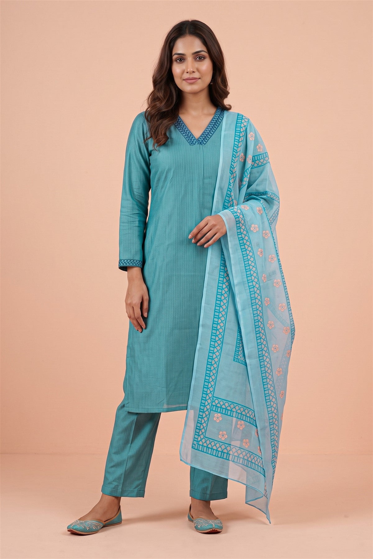 Poly Blend Embroidered Aqua Blue Kurti Set With Dupatta
