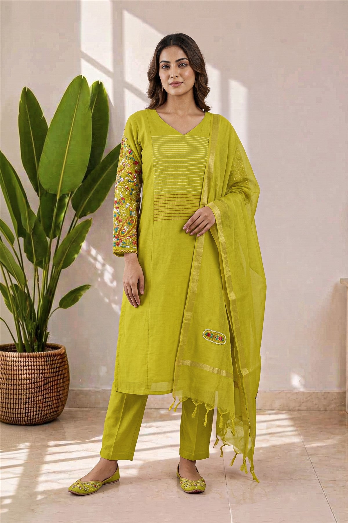 Chanderi Embroidered Green Kurti Set With Dupatta