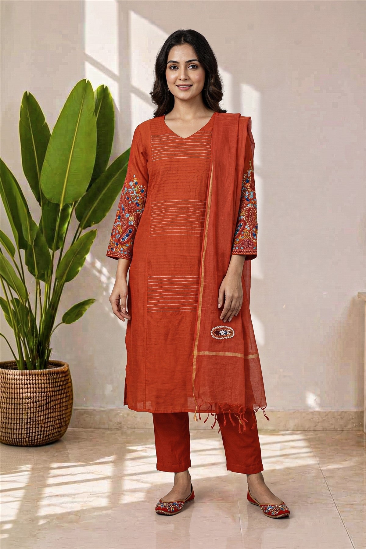 Chanderi Embroidered Rust Kurti Set With Dupatta