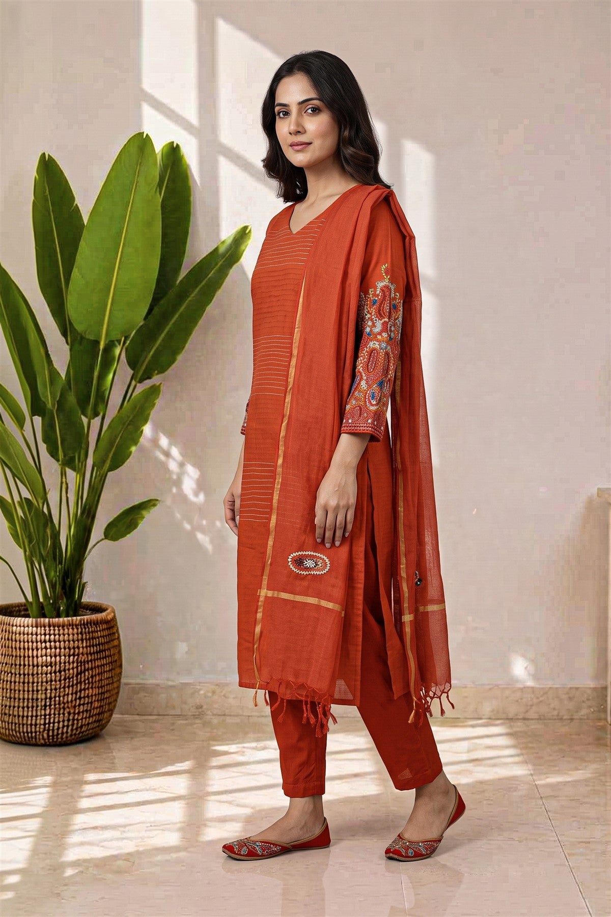 Chanderi Embroidered Rust Kurti Set With Dupatta