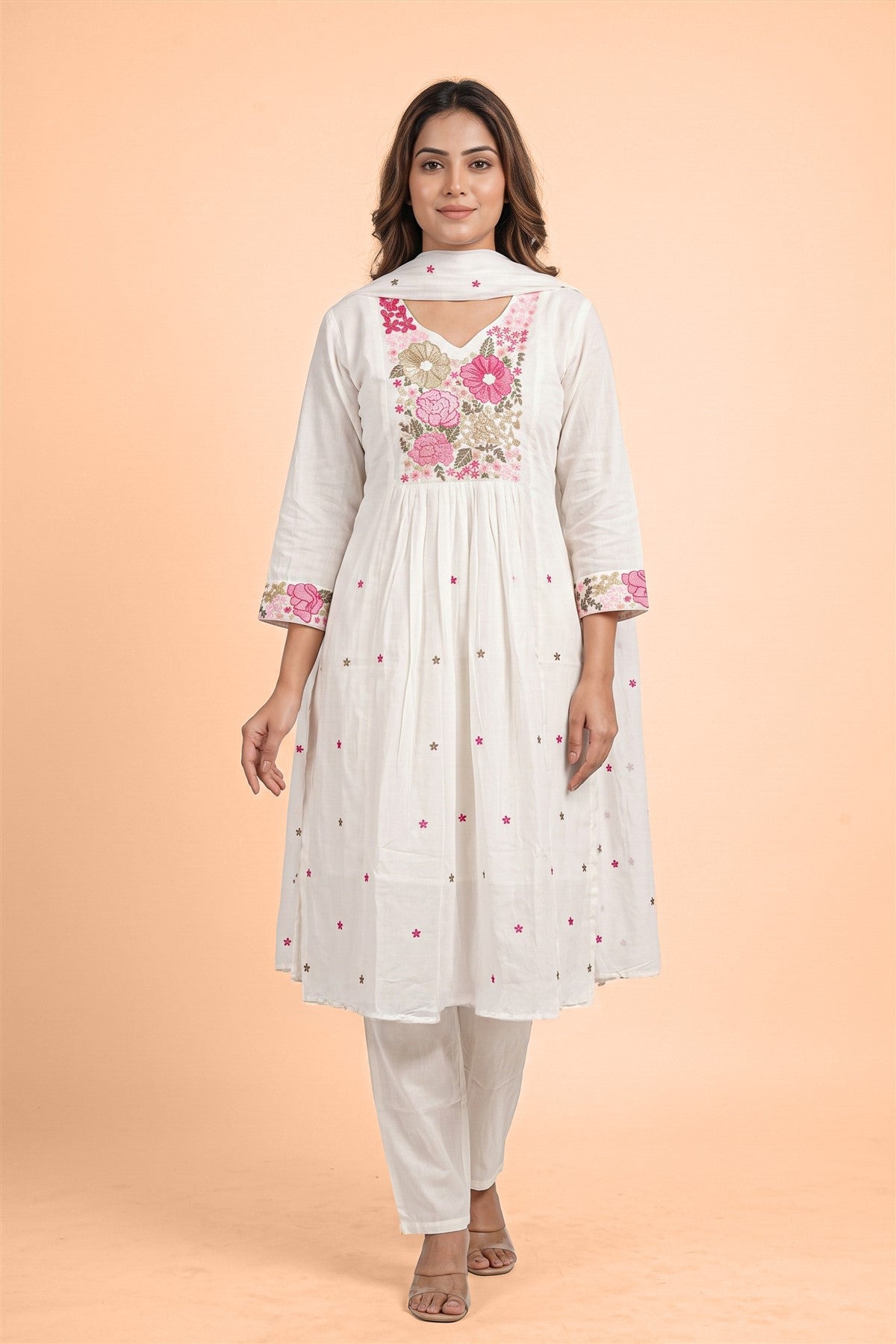 Mul Cotton Embroidered White Kurti Set With Dupatta