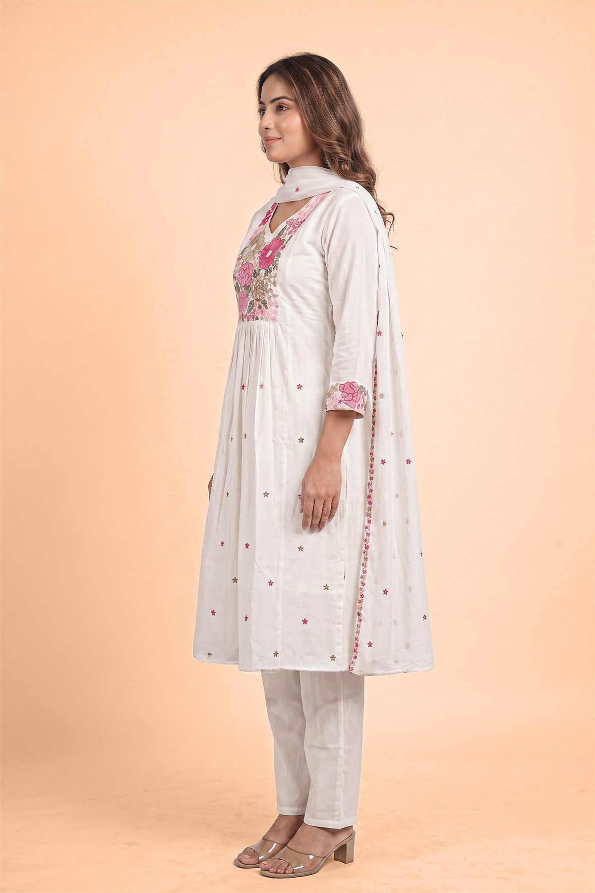 Mul Cotton Embroidered White Kurti Set With Dupatta