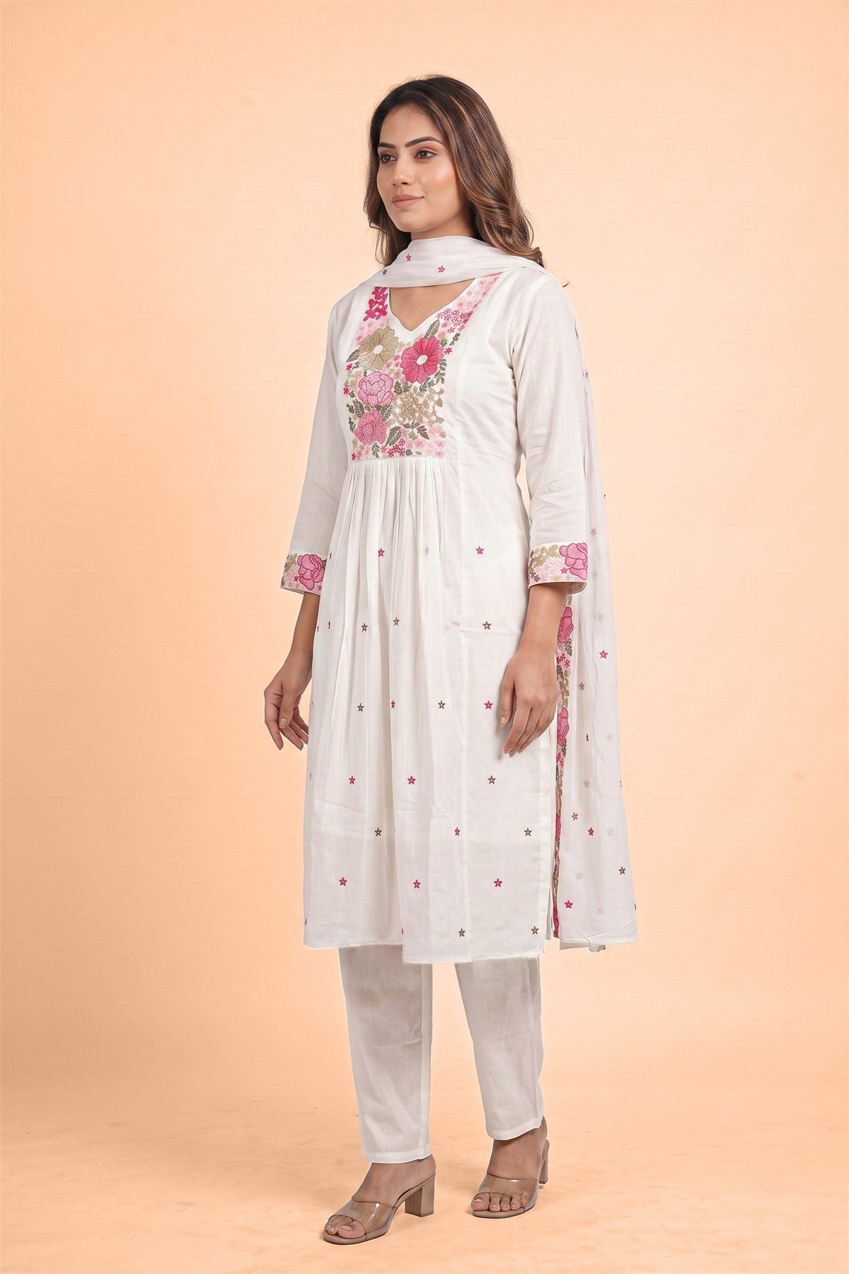 Mul Cotton Embroidered White Kurti Set With Dupatta