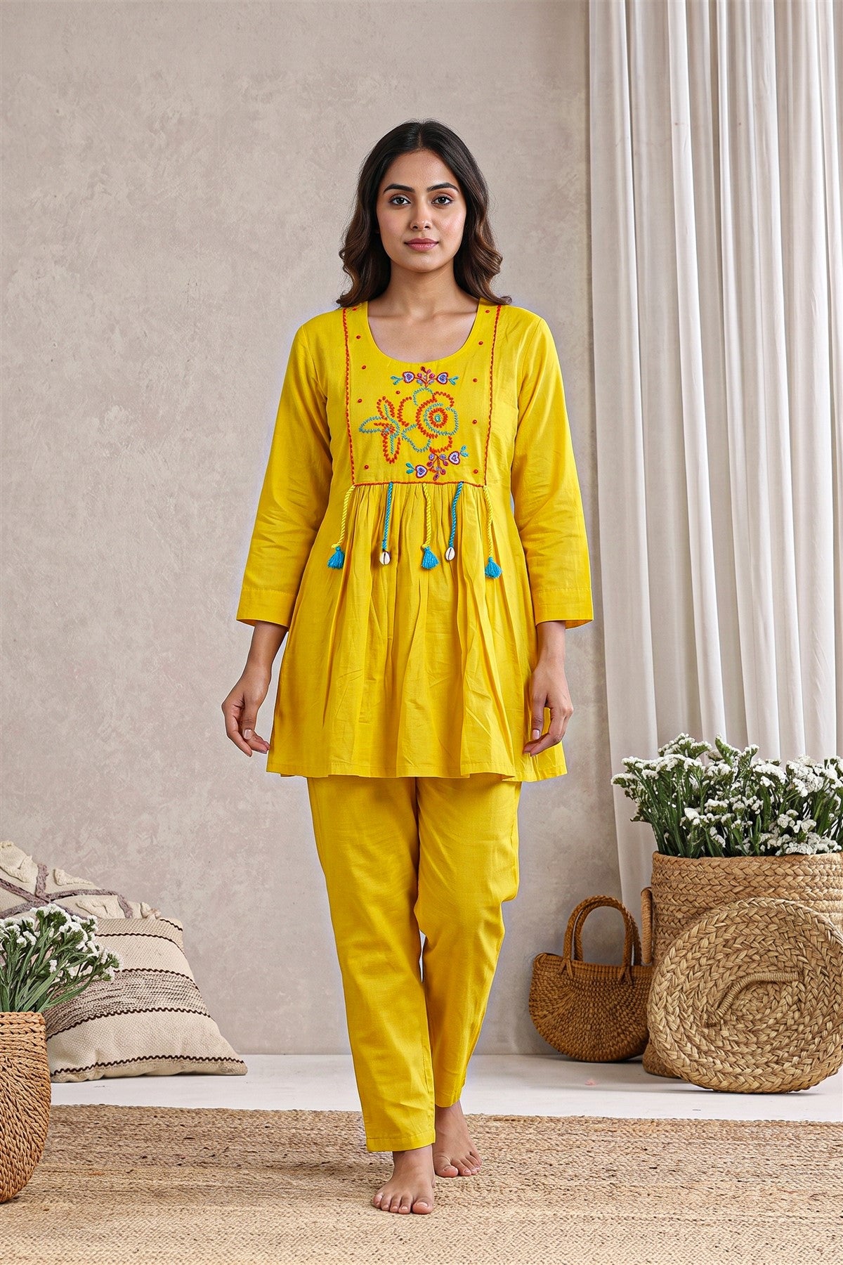 Rayon Embroidered Yellow Co-ord Set