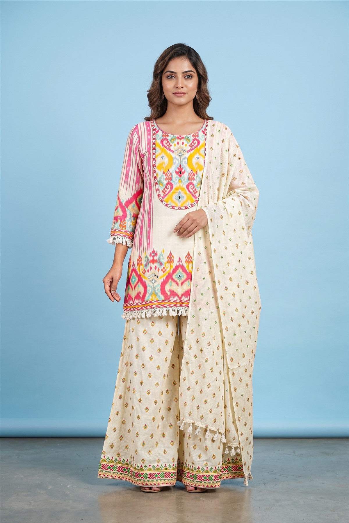 Cotton Printed Cream Kurti Set With Dupatta