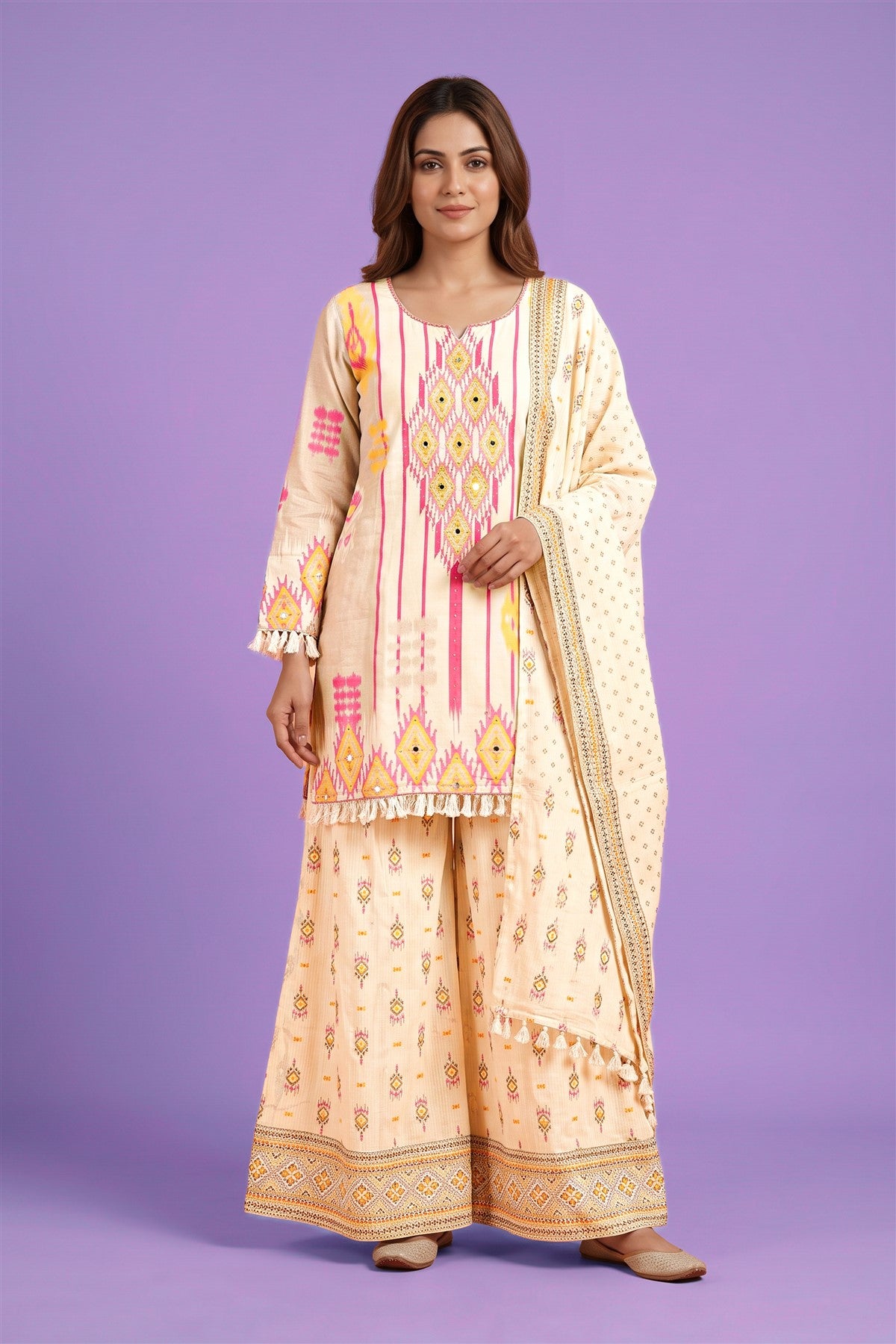 Cotton Printed Cream Kurti Set With Dupatta
