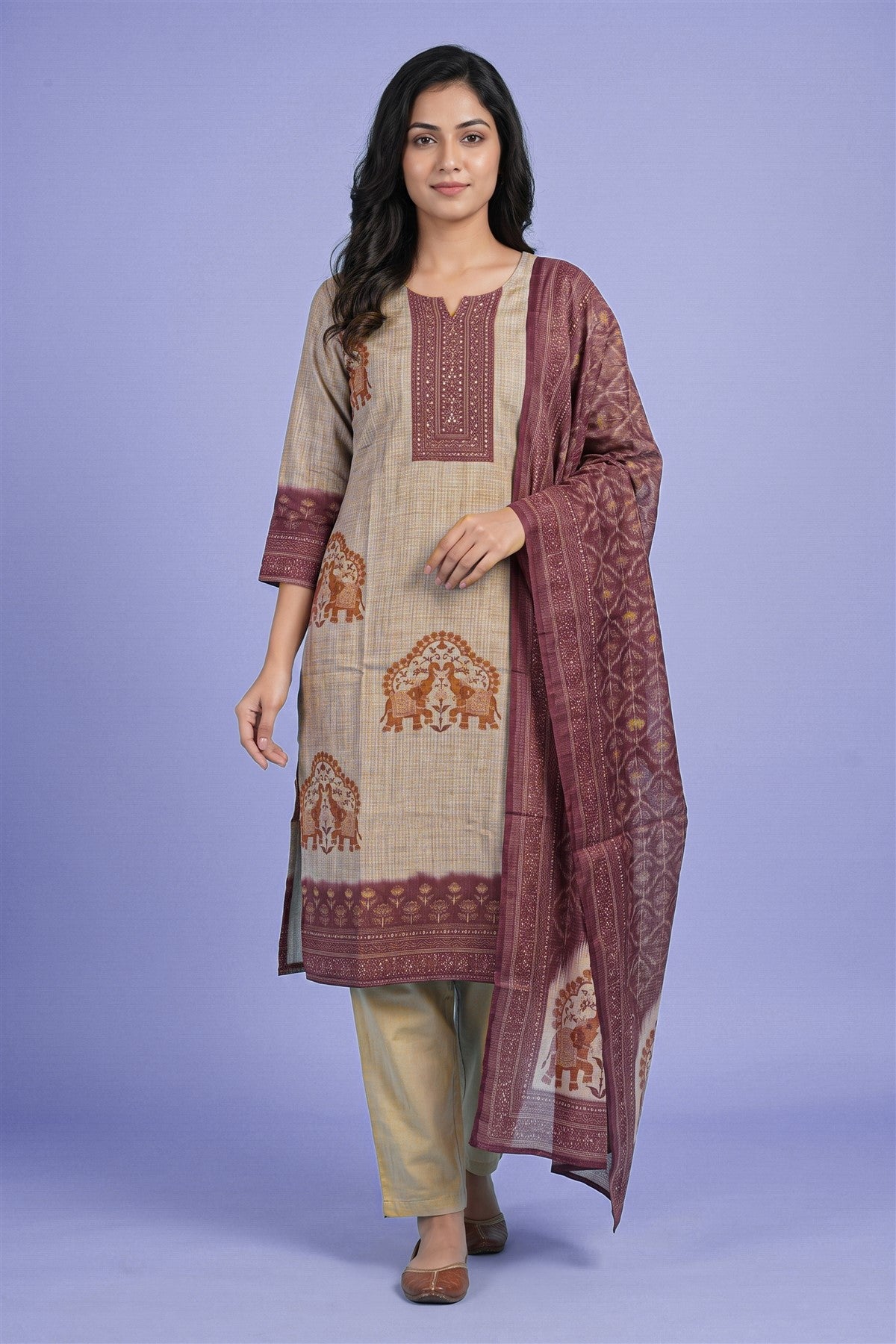 Kota Printed Beige Kurti Set With Dupatta