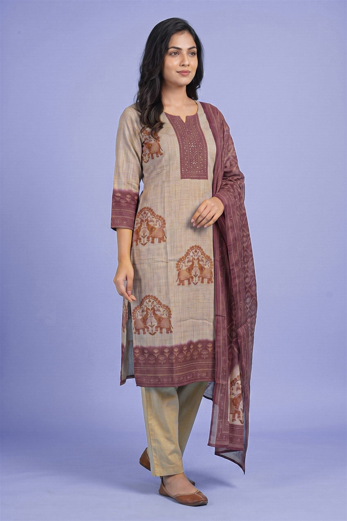 Kota Printed Beige Kurti Set With Dupatta