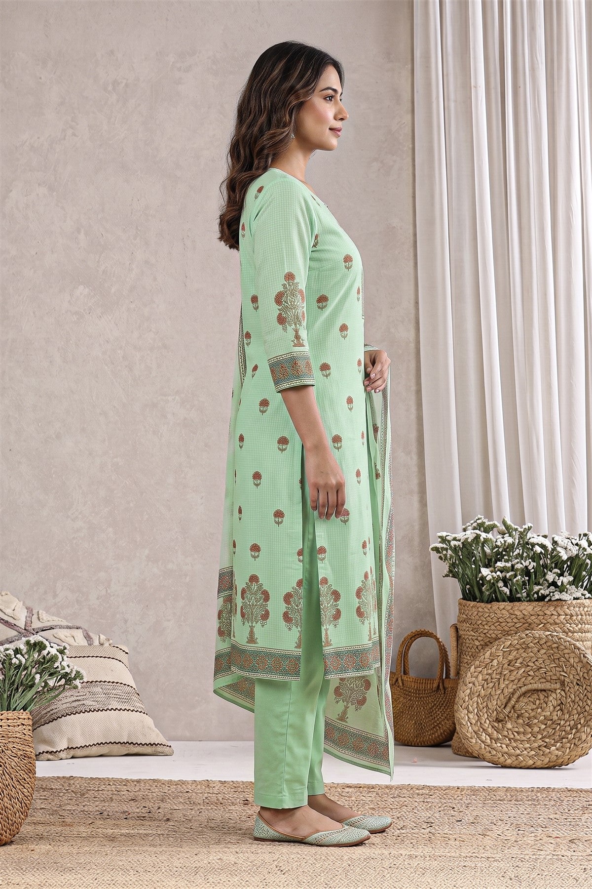 Kota Printed Rama Green Kurti Set With Dupatta
