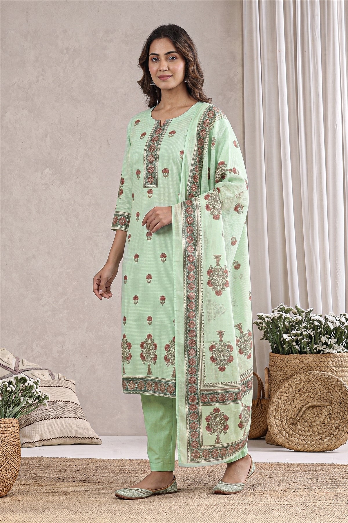Kota Printed Rama Green Kurti Set With Dupatta