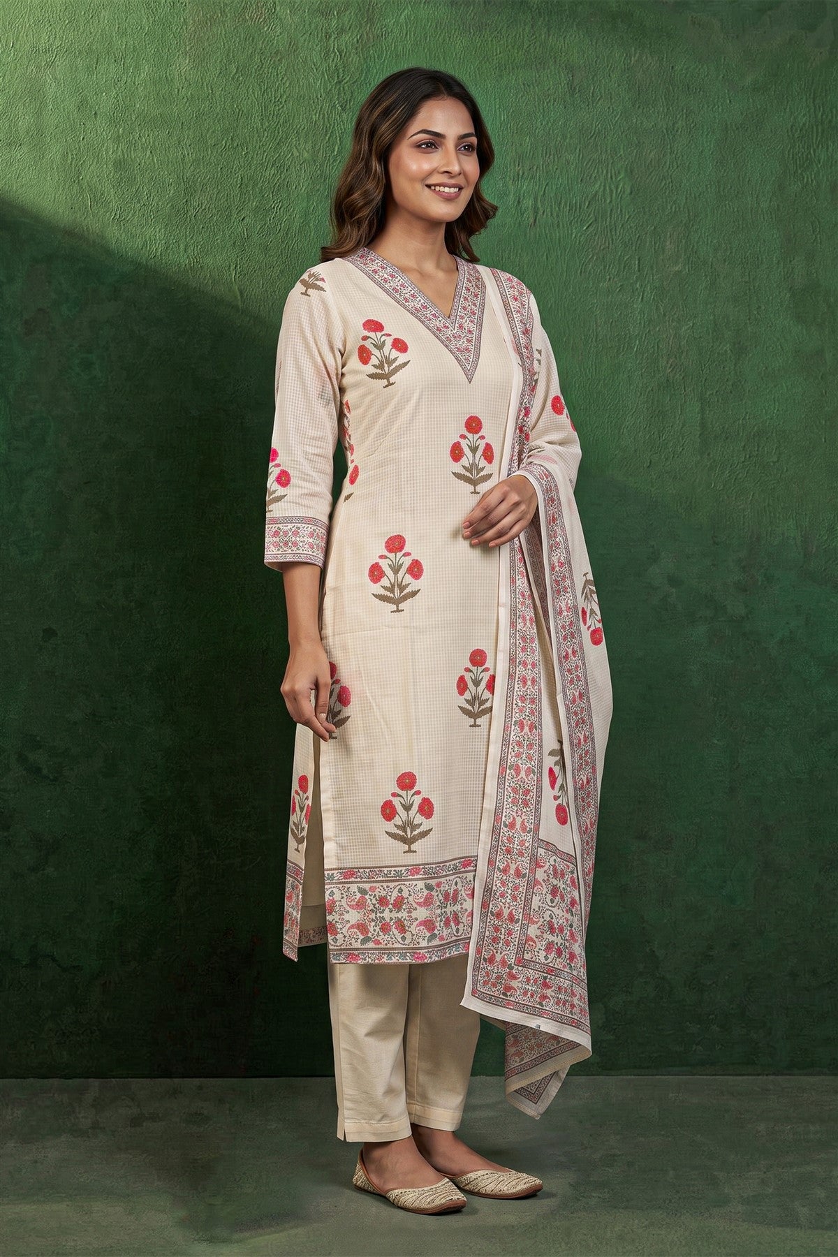 Kota Printed Off White Kurti Set With Dupatta