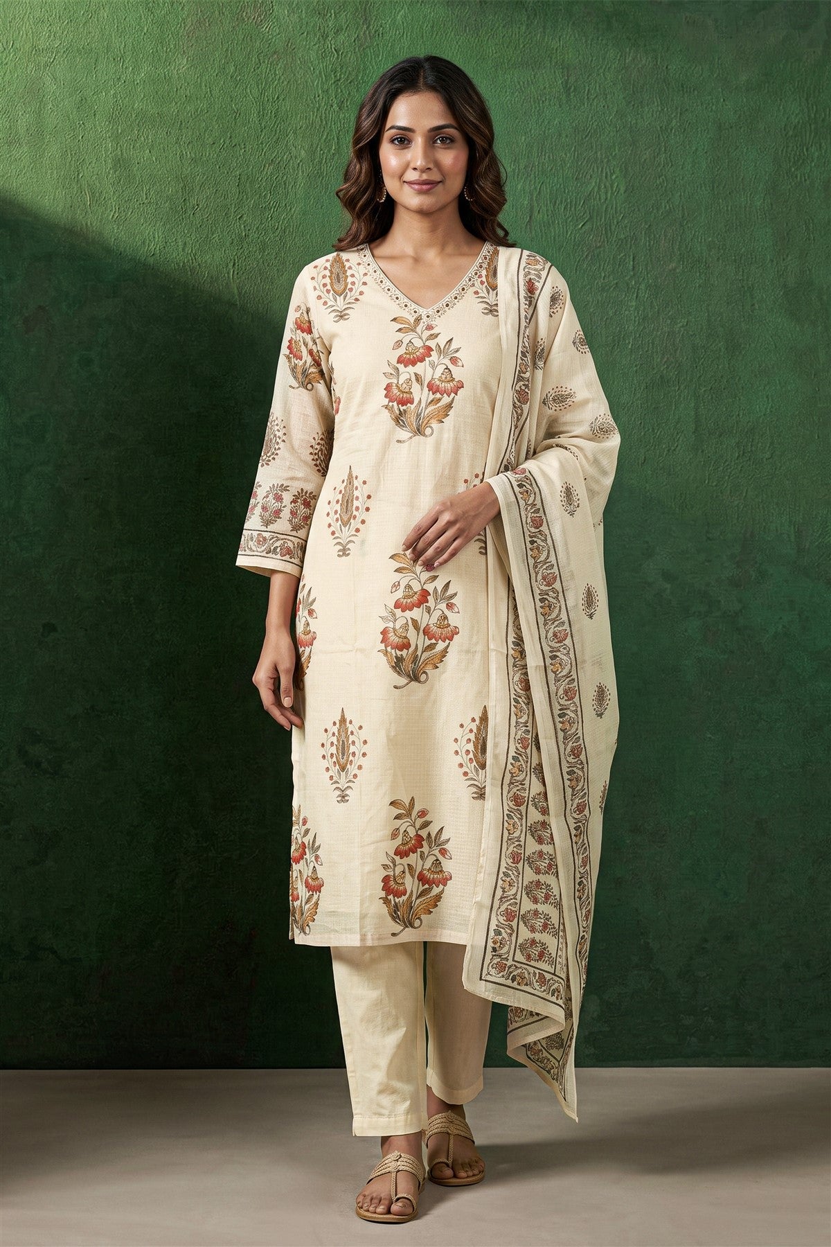 Kota Printed Cream Kurti Set With Dupatta