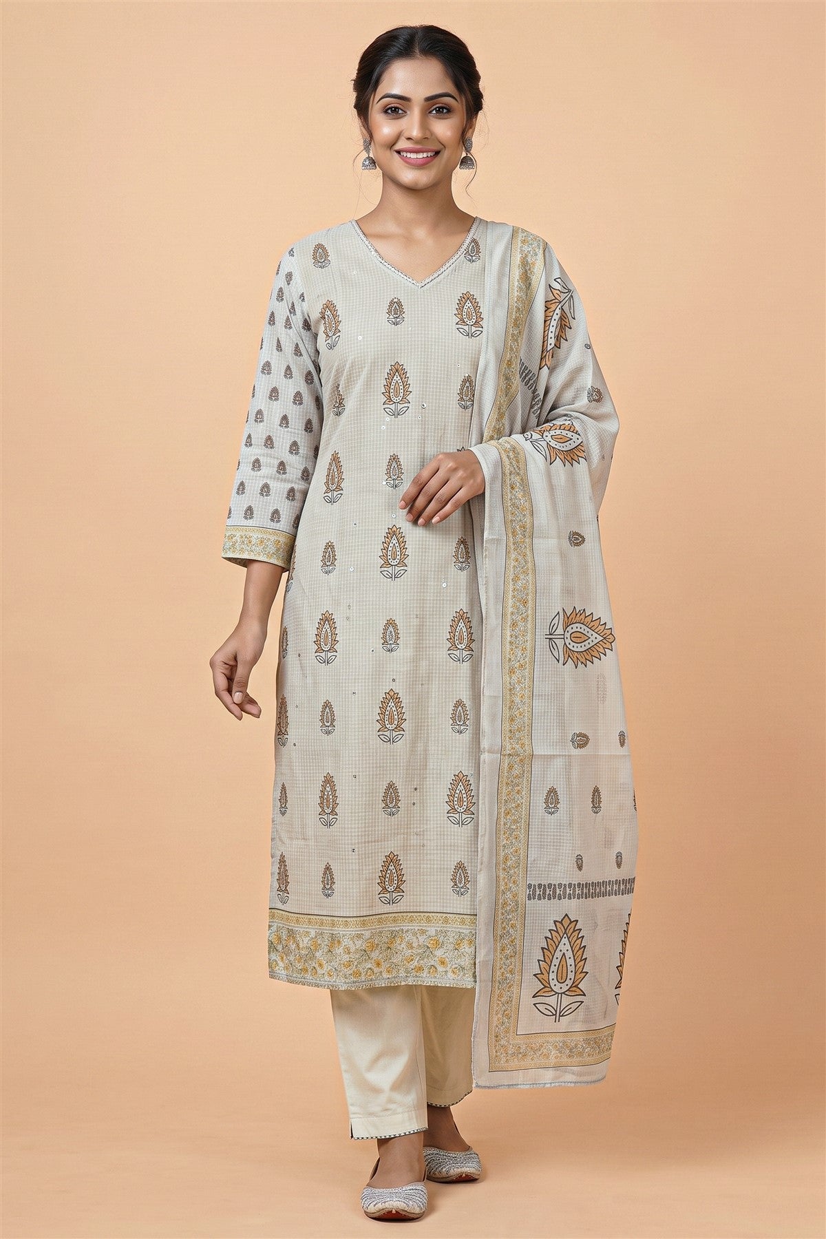 Kota Printed Light Grey Kurti Set With Dupatta