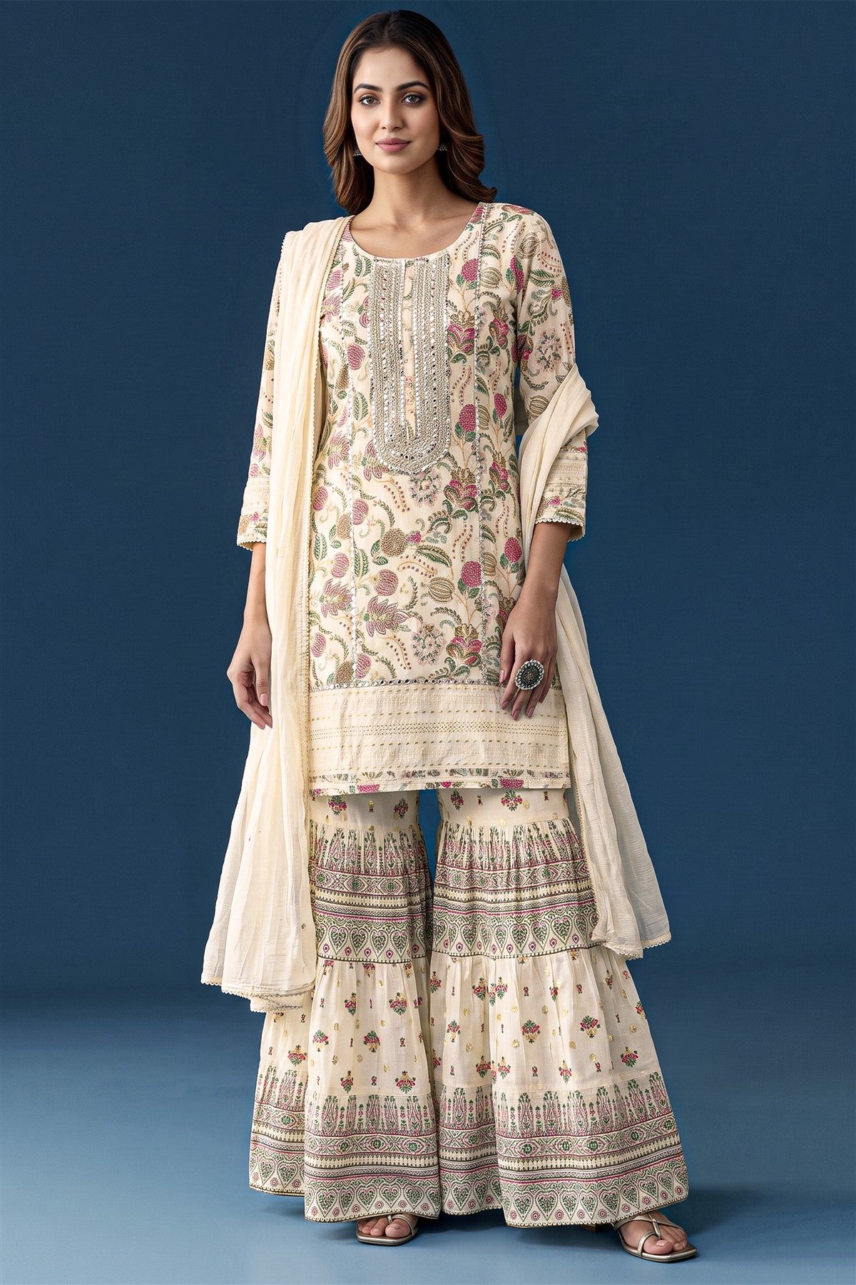Cotton Printed Cream Kurti Set With Dupatta