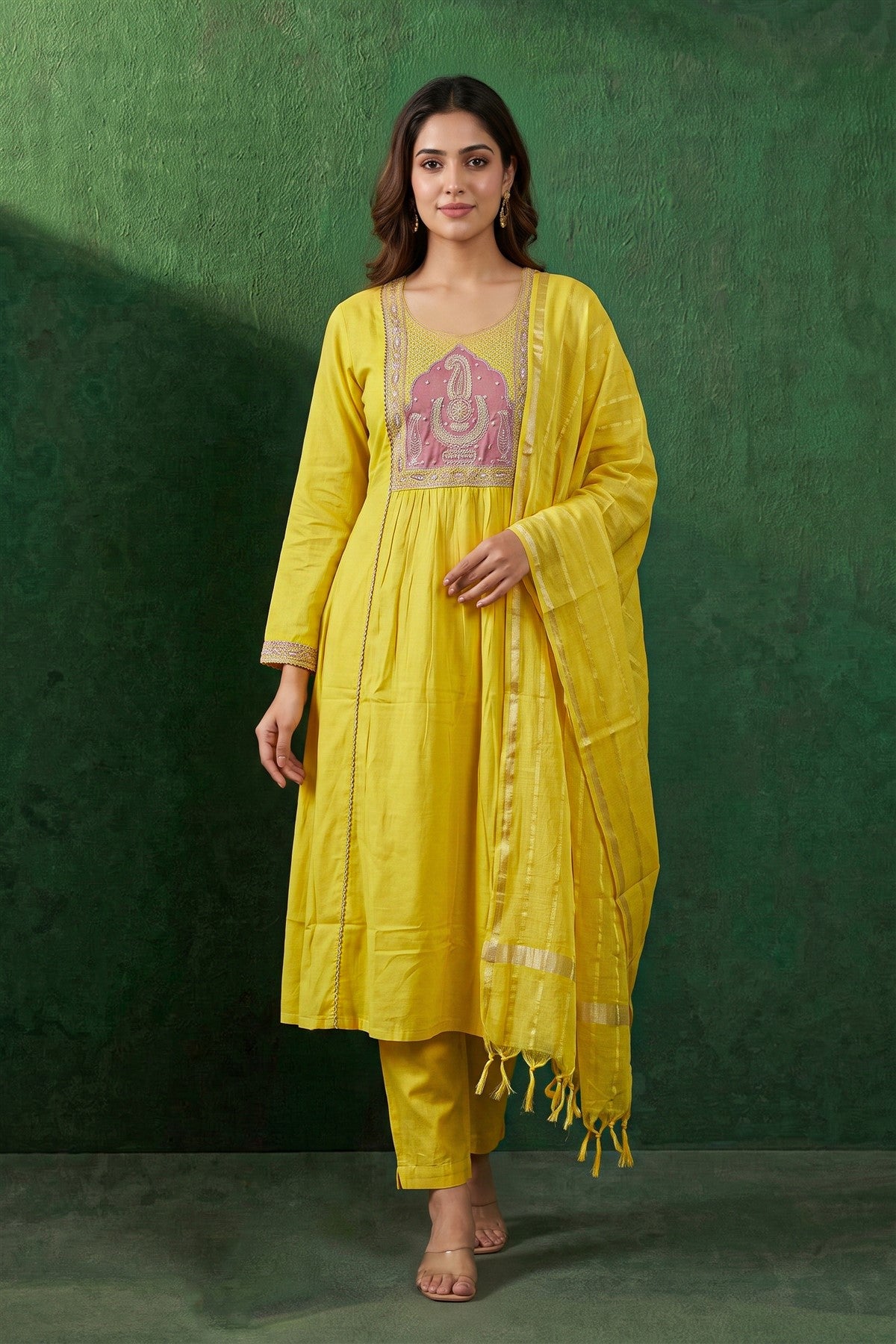 Mul Chanderi Embroidered Yellow Kurti Set With Dupatta