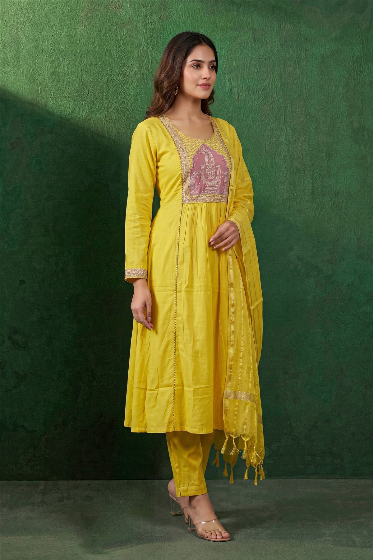 Mul Chanderi Embroidered Yellow Kurti Set With Dupatta