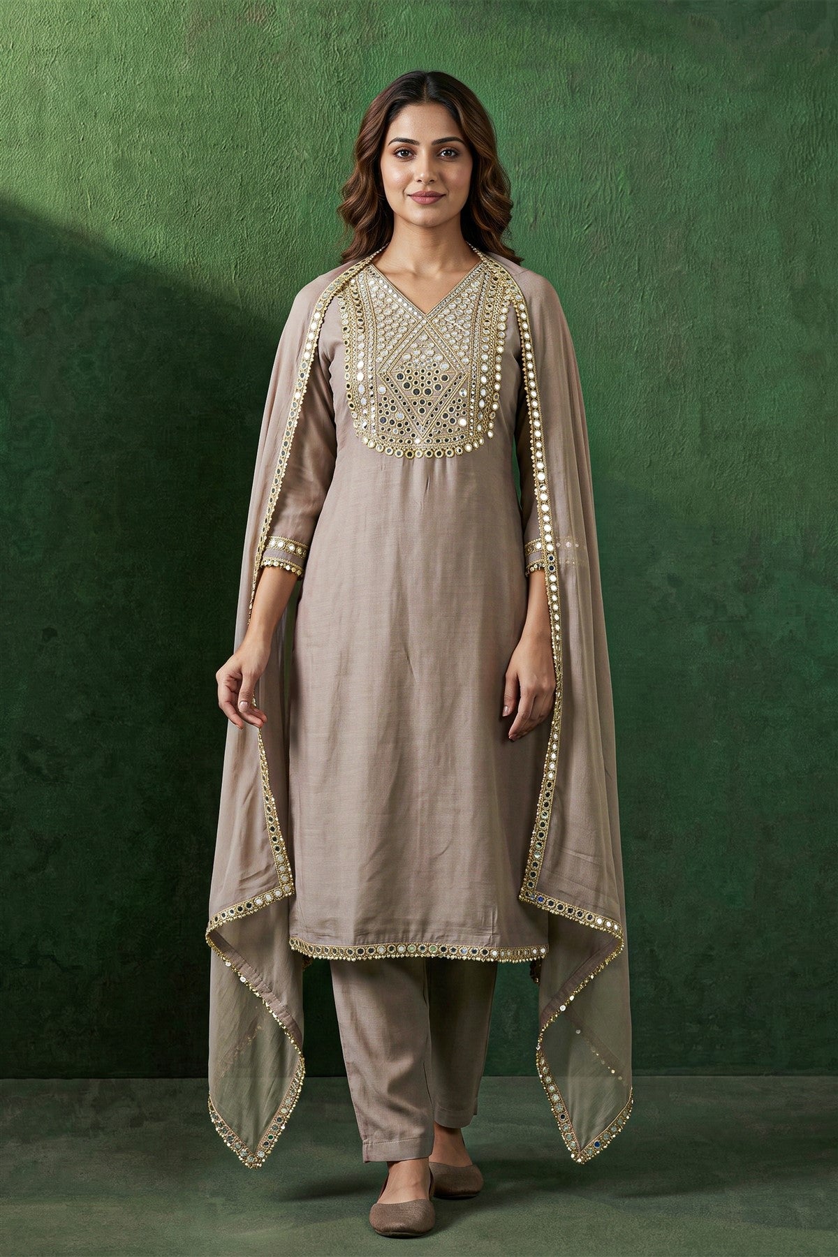 Chanderi Embroidered Beige Kurti Set With Dupatta