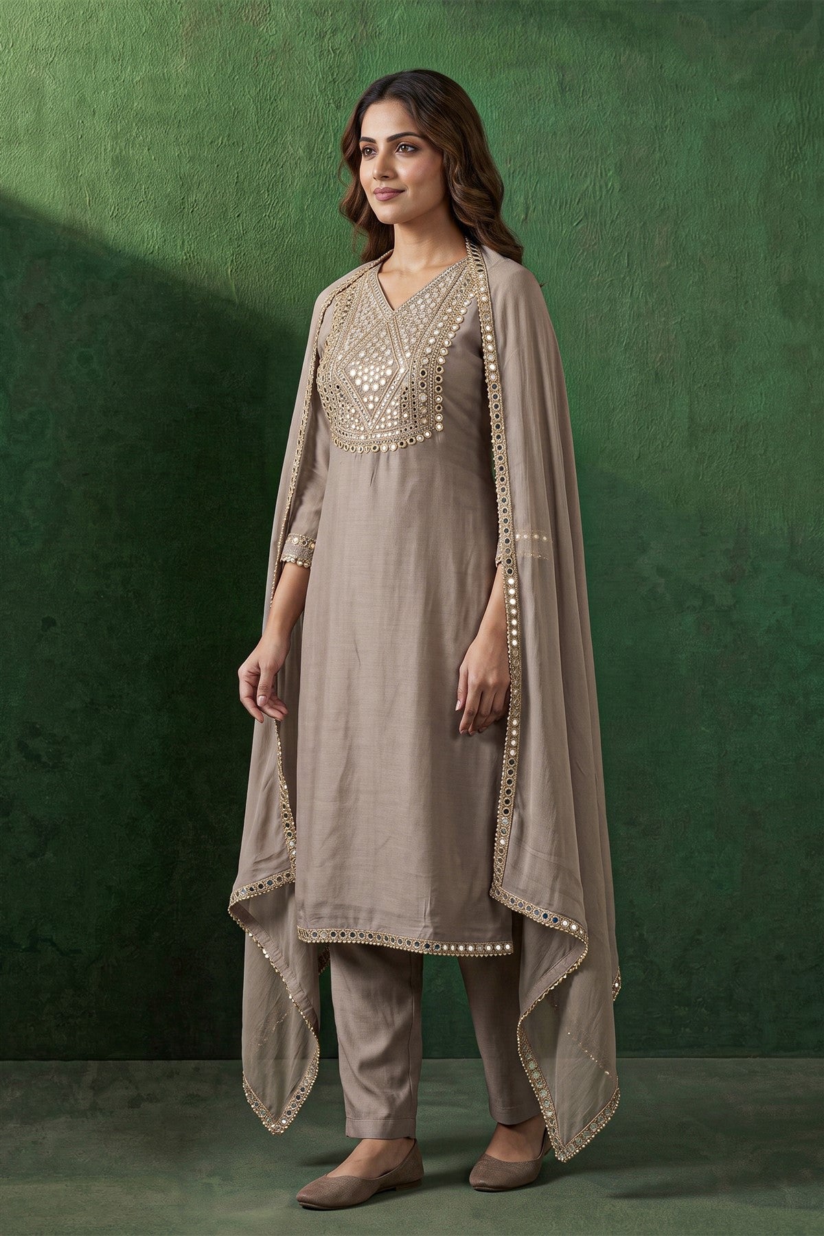 Chanderi Embroidered Beige Kurti Set With Dupatta