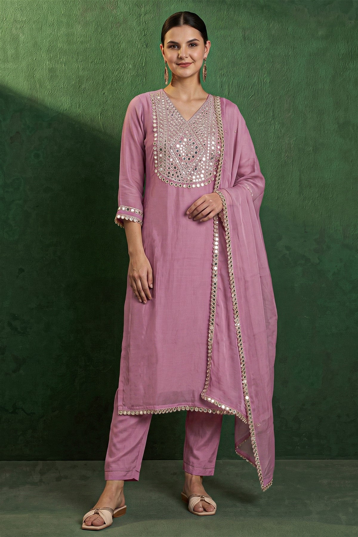 Chanderi Embroidered Light Pink Kurti Set With Dupatta