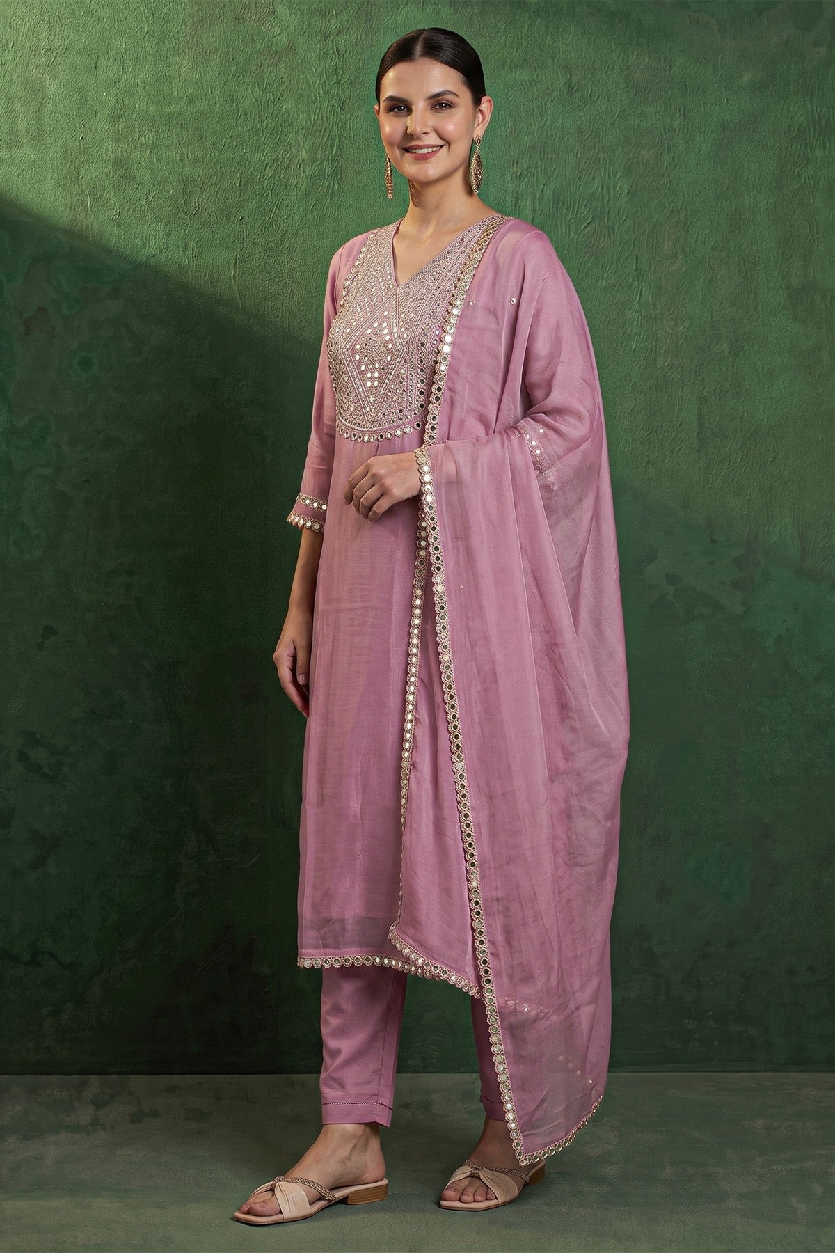 Chanderi Embroidered Light Pink Kurti Set With Dupatta