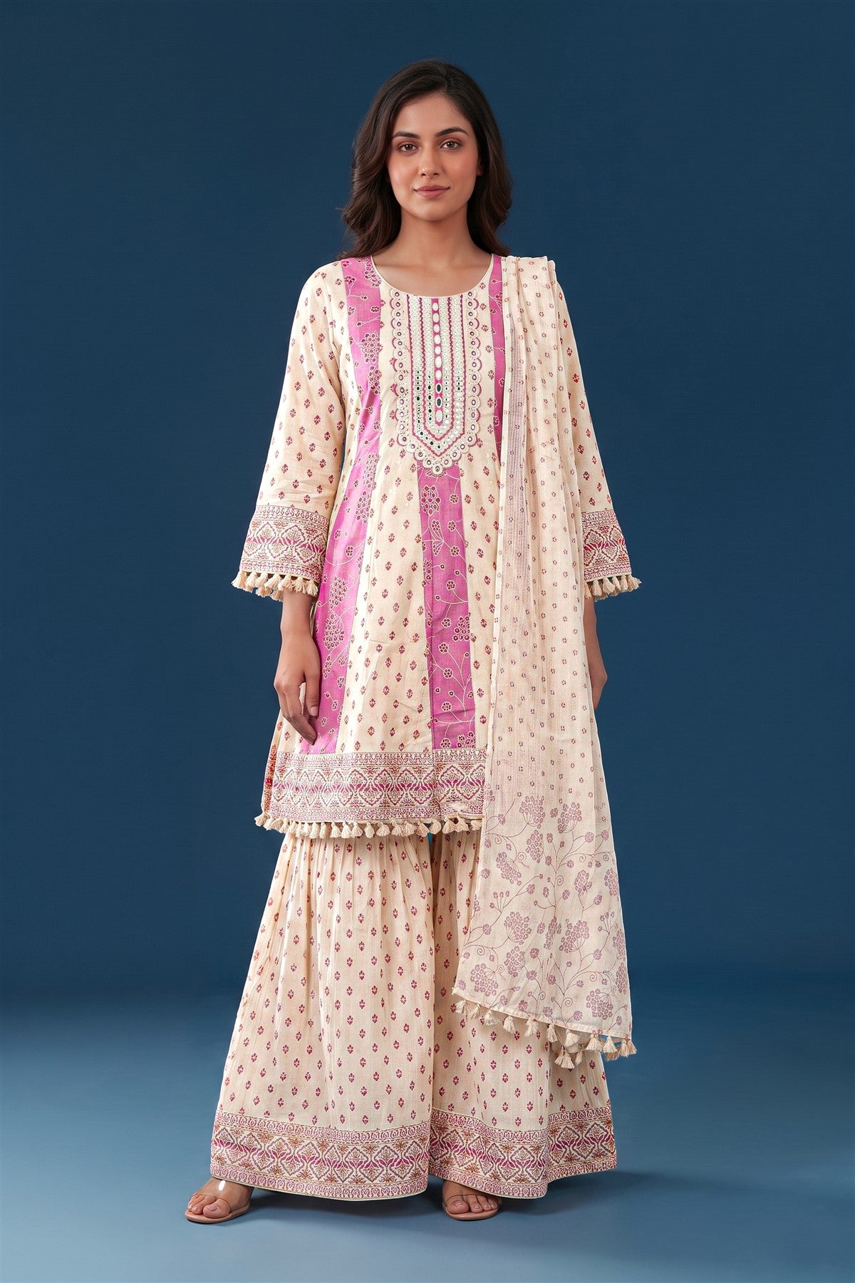 Cotton Embroidered Off White Kurti Set With Dupatta