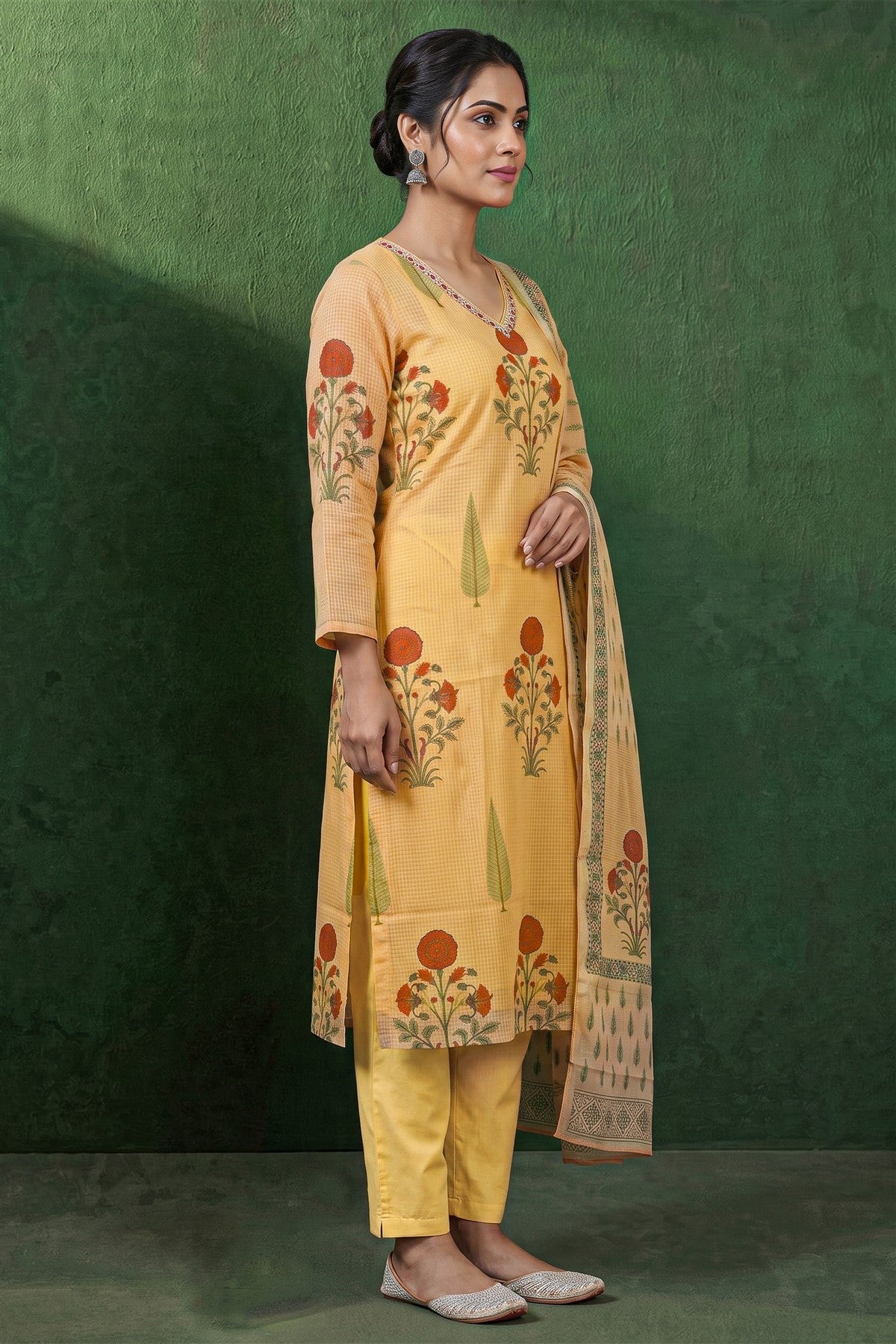 Kota Printed Mustard Kurti Set With Dupatta