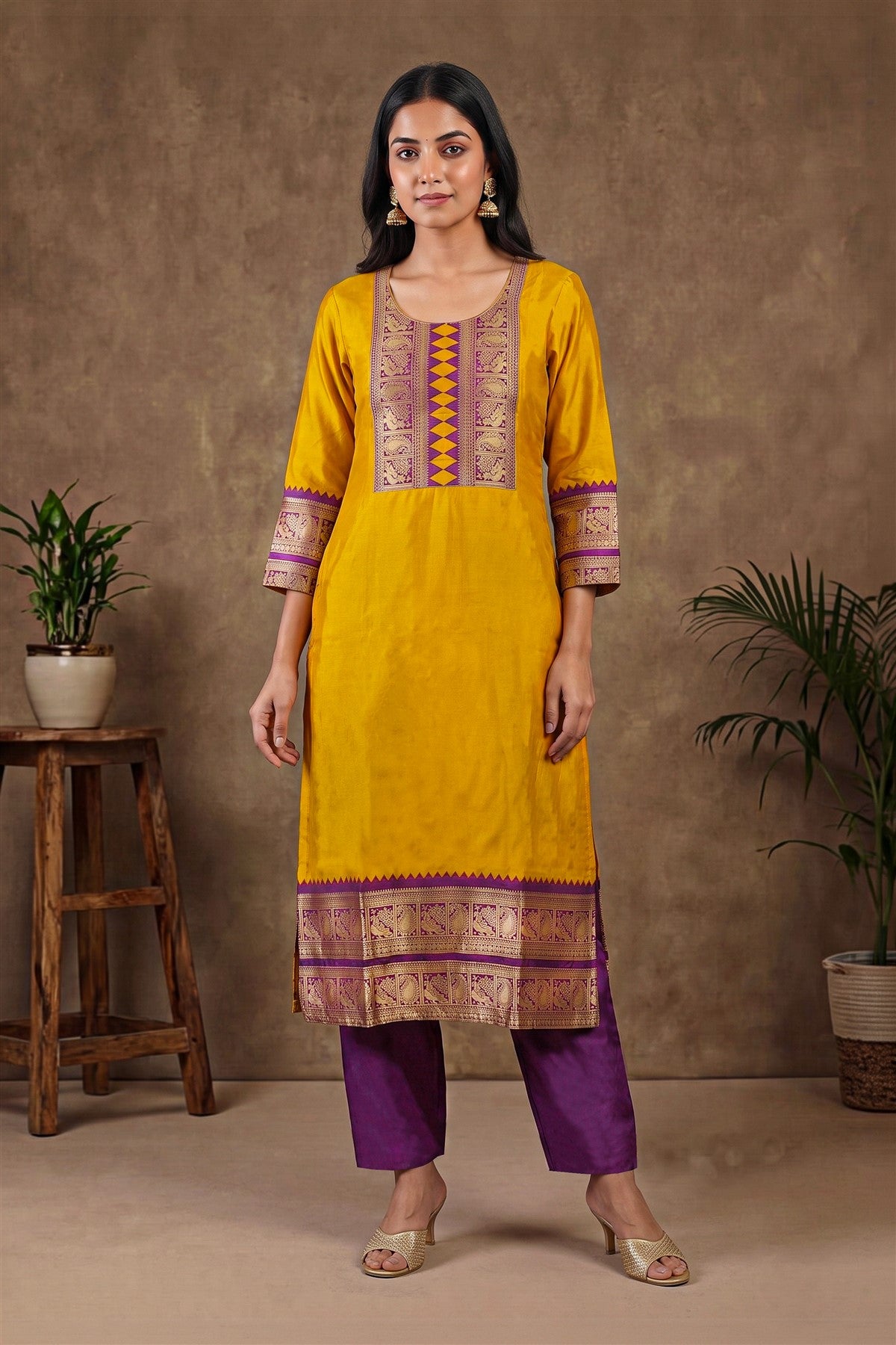 Silk Zari Woven Mustard Kurti Set With Dupatta