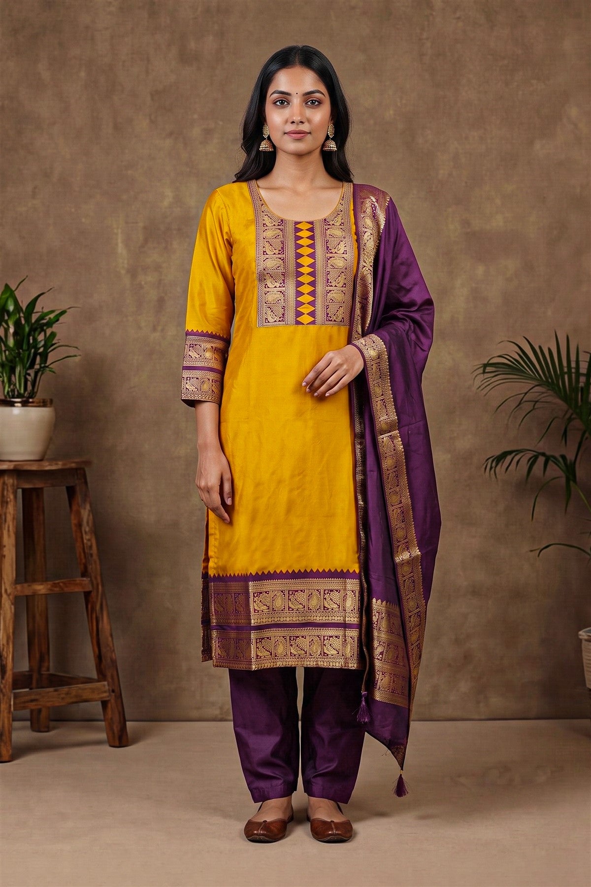 Silk Zari Woven Mustard Kurti Set With Dupatta