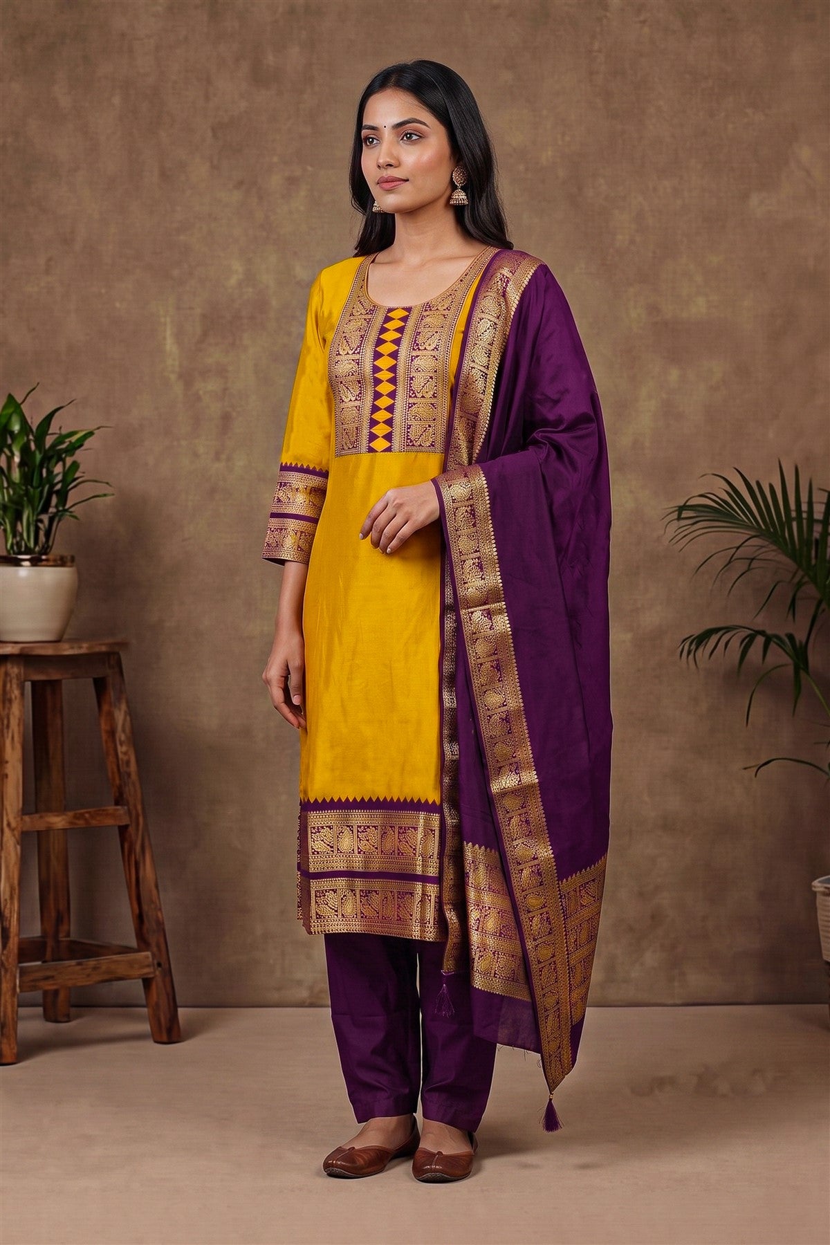 Silk Zari Woven Mustard Kurti Set With Dupatta