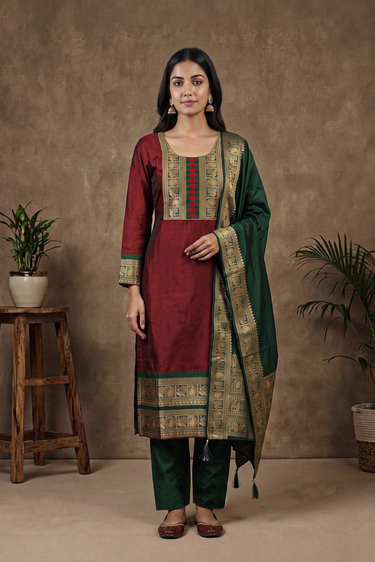 Silk Zari Woven Dark Maroon Kurti Set With Dupatta