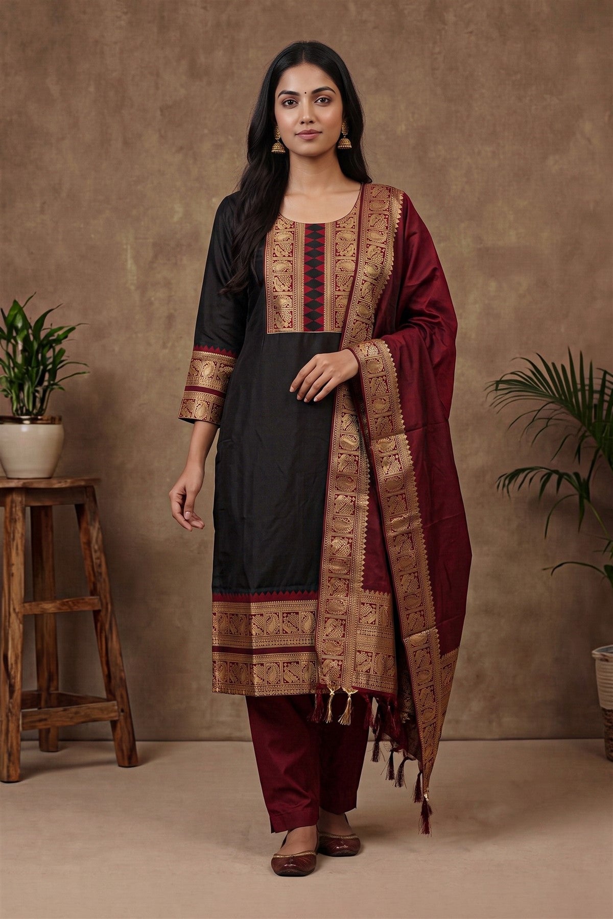 Silk Zari Woven Black Kurti Set With Dupatta
