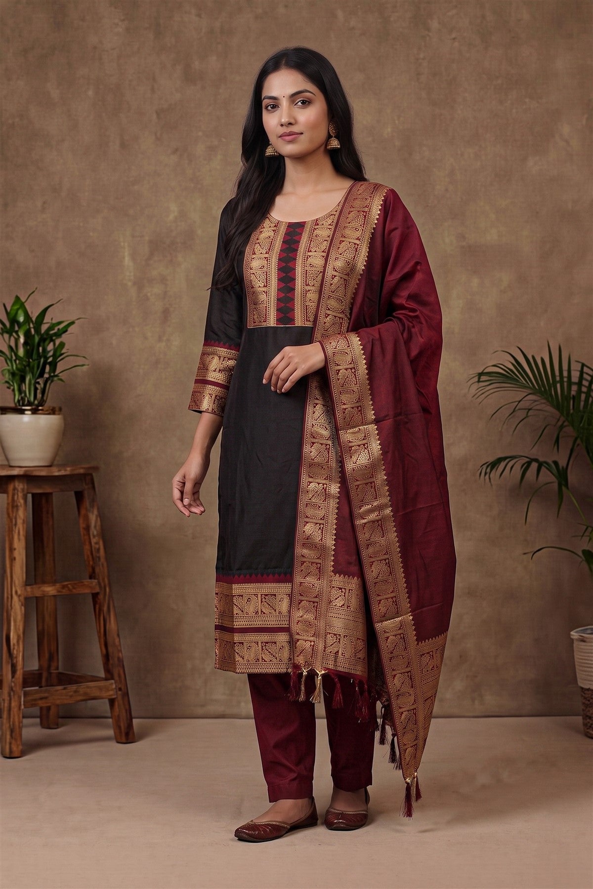 Silk Zari Woven Black Kurti Set With Dupatta