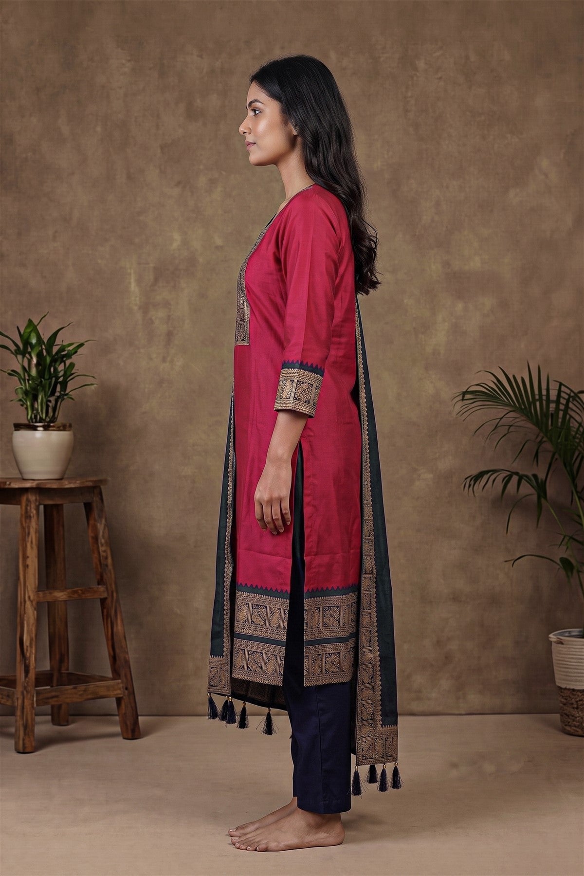 Silk Zari Woven Dark Pink Kurti Set With Dupatta