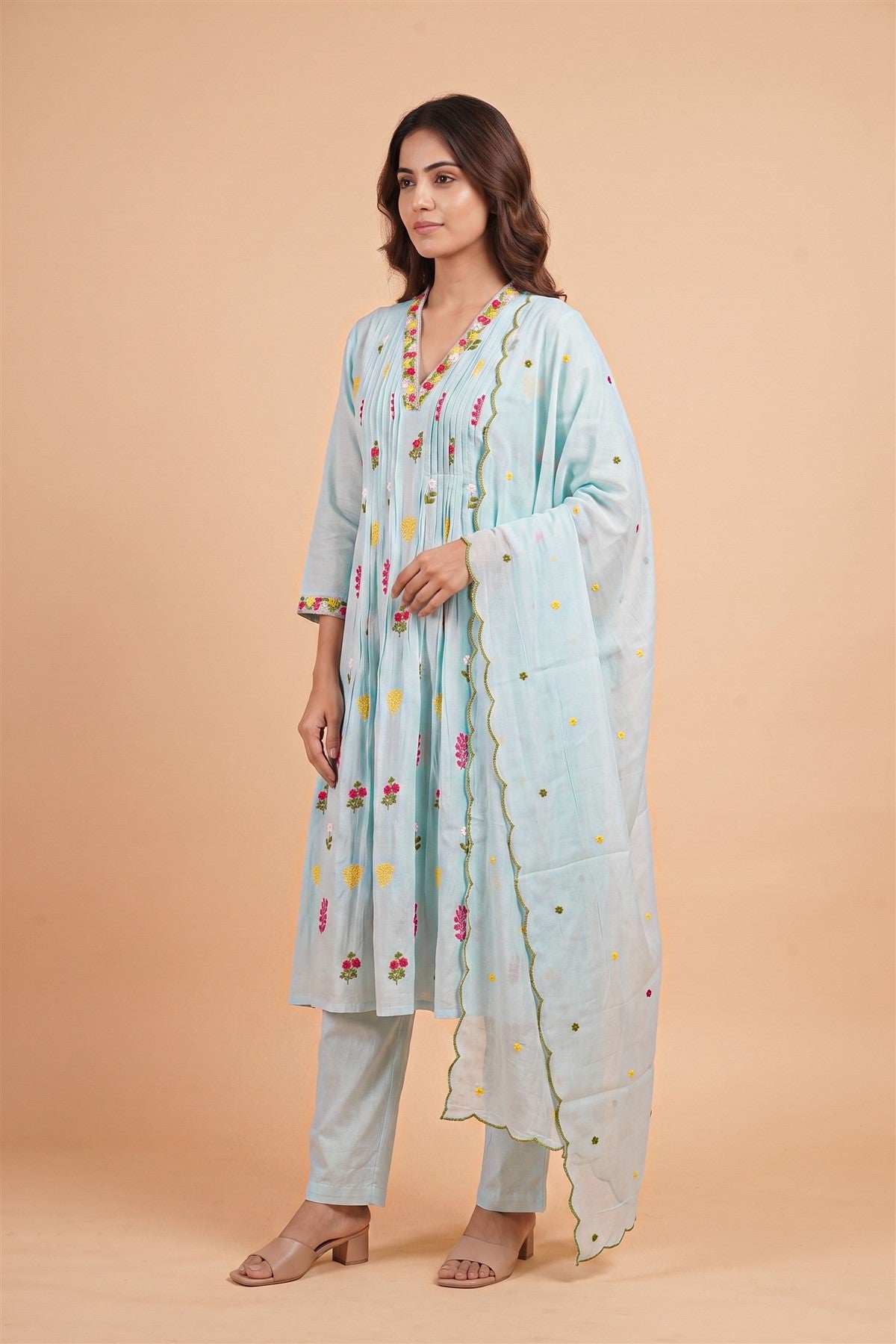 Chanderi Embroided Sky Blue Kurti Set With Dupatta