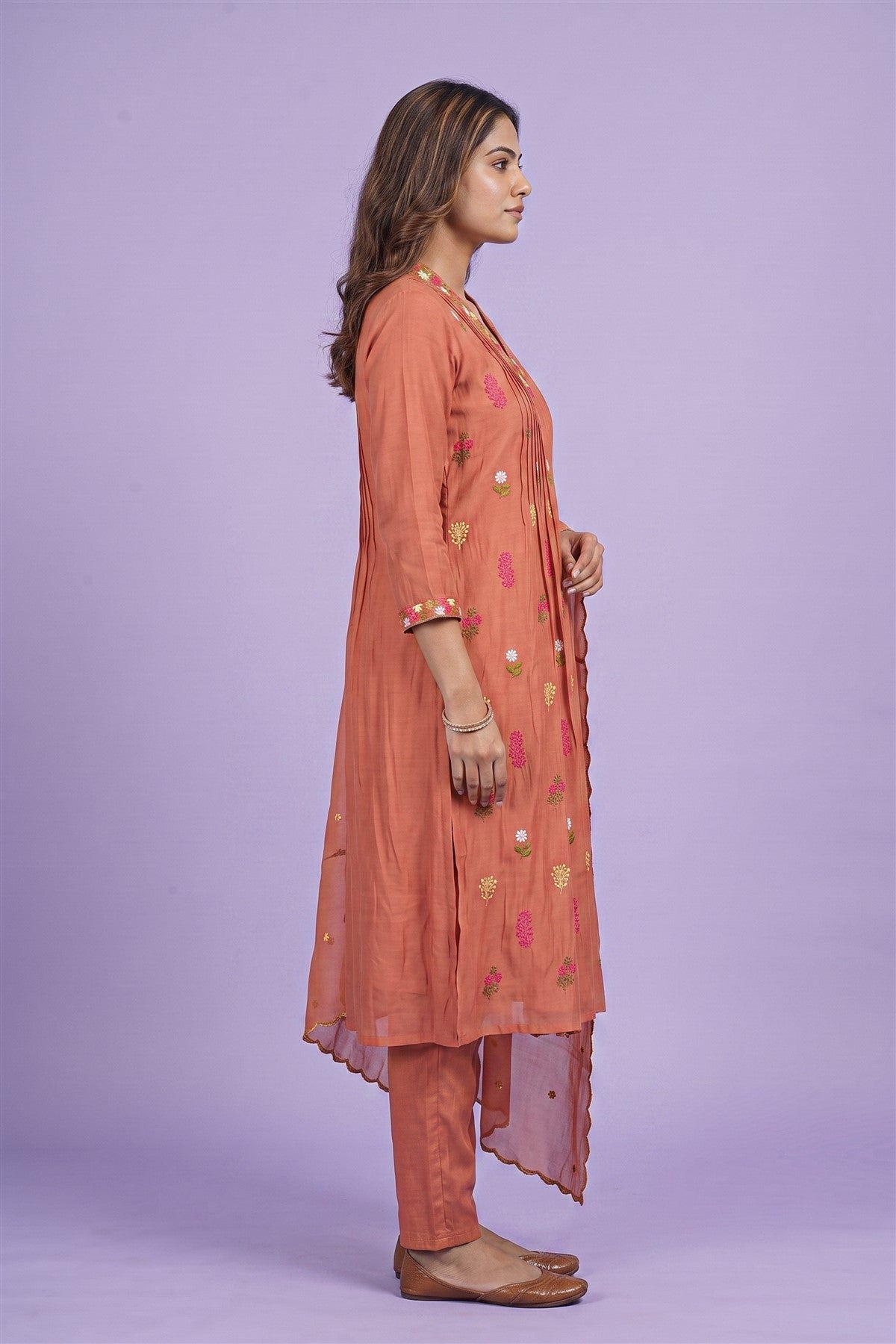 Chanderi Embroided Dusty Peach Kurti Set With Dupatta