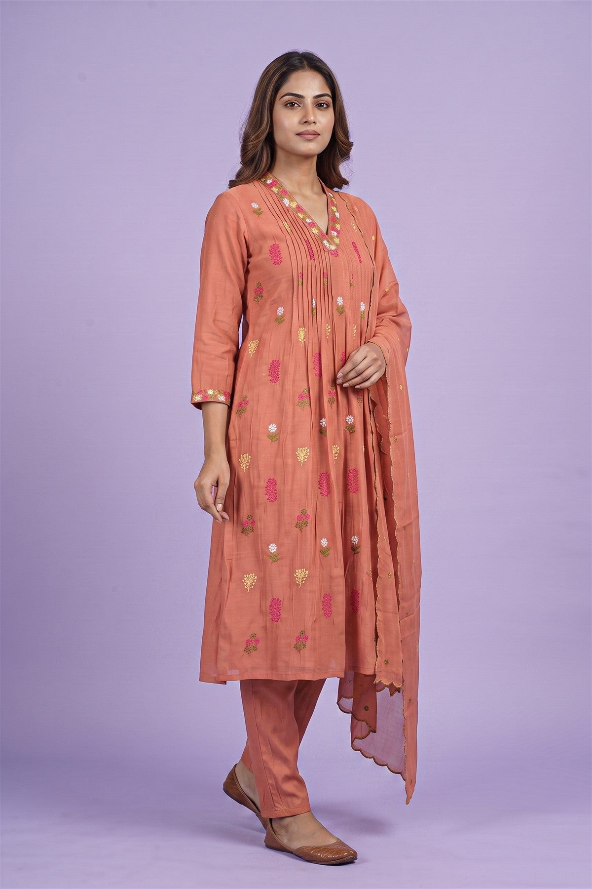 Chanderi Embroided Dusty Peach Kurti Set With Dupatta