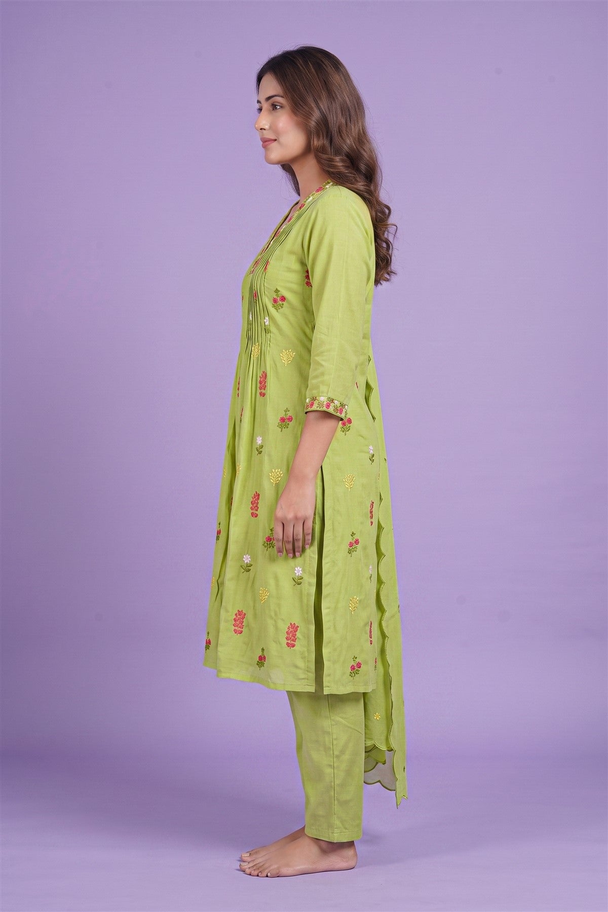 Chanderi Embroided Parrot Green Kurti Set With Dupatta