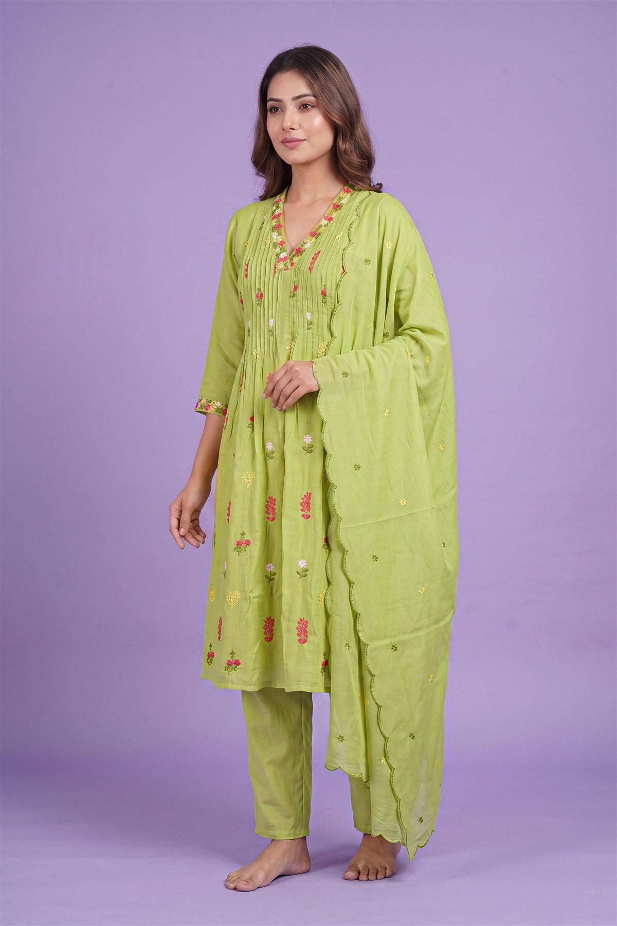 Chanderi Embroided Parrot Green Kurti Set With Dupatta